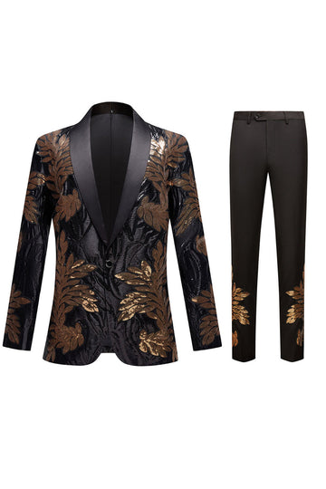 Noir et Or Jacquard Sequins Costumes de bal 2 pièces pour hommes